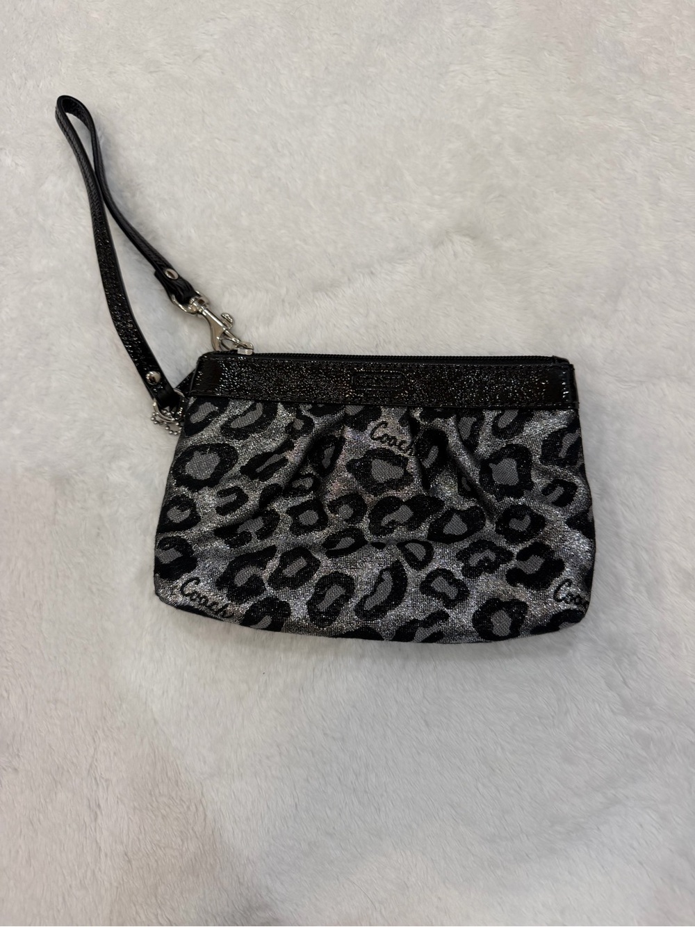 Coach Black & Silver Leopard Print Wristlet